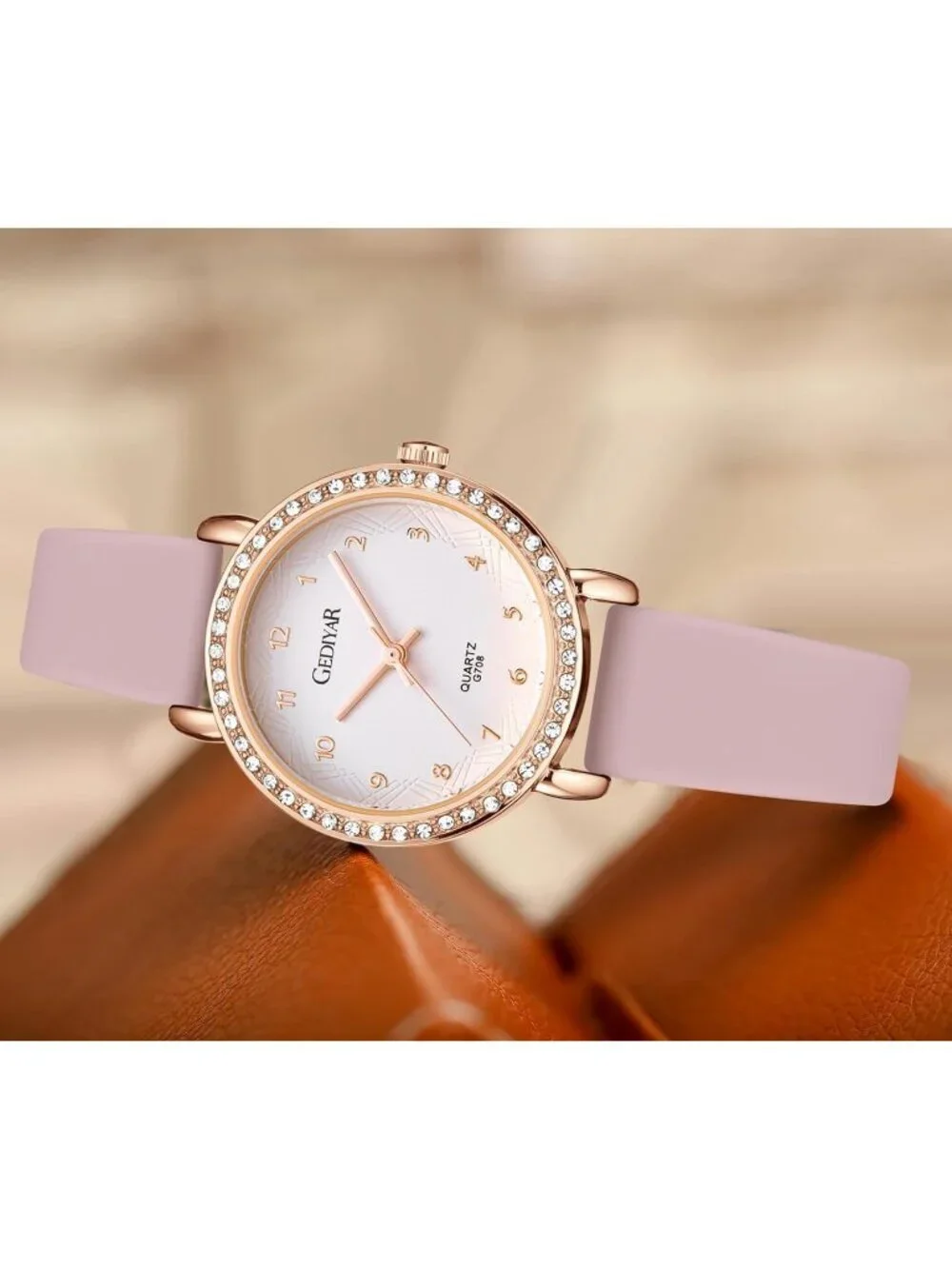 Women's Pink Analog Quartz Crystal Rhinestone Bezel Waterproof Round Wrist Watch